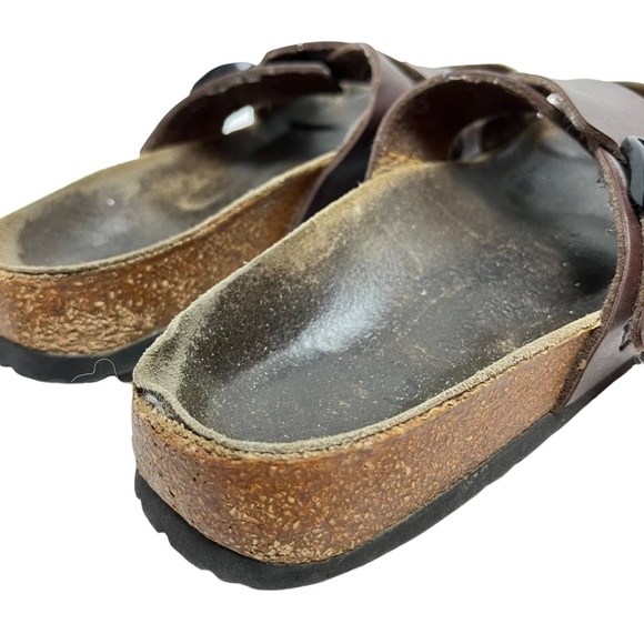 BIRKENSTOCK BIRKI'S Brown Genuine Leather Criss Cross Slides Sandals Shoes sz 6 - Picture 5 of 16